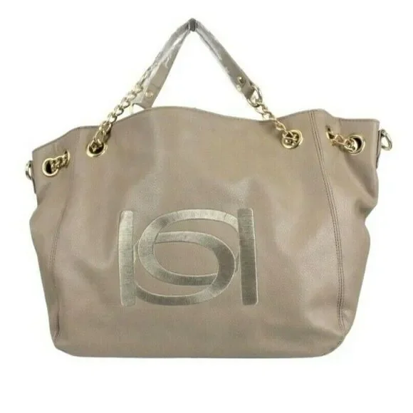 BEBE Tote Shopper Bag Lg Vegan Leather Gold Tone Chain Dark Beige Style Whitney